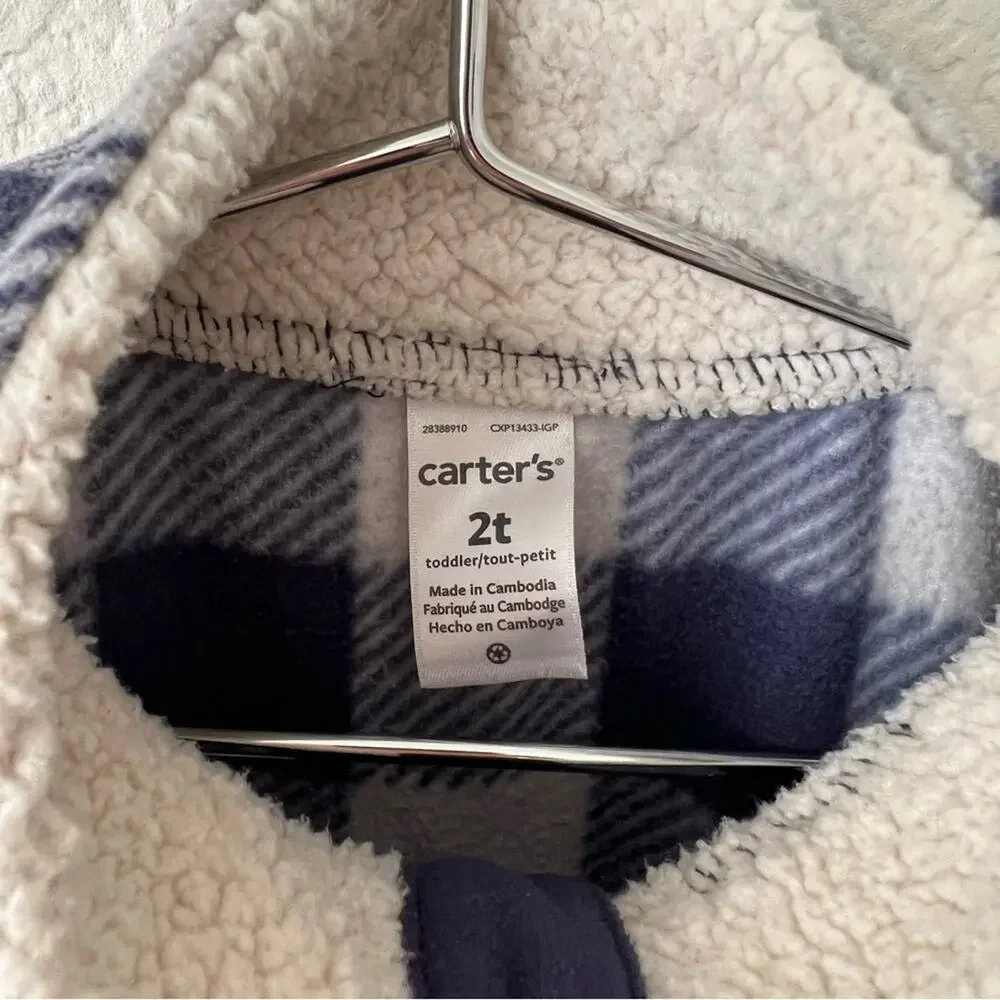 Carter’s navy blue gray buffalo plaid sherpa lined collar pullover dinosaur